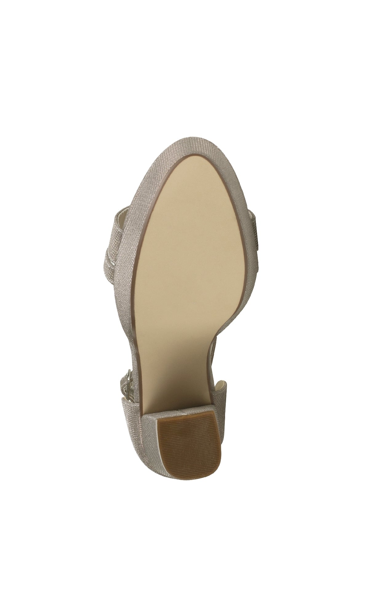 Close-up view of the sole of the Chloe Champagne Shimmer Prom Shoes: Touch Ups 4648, highlighting the treadless bottom and block heel against a white background.